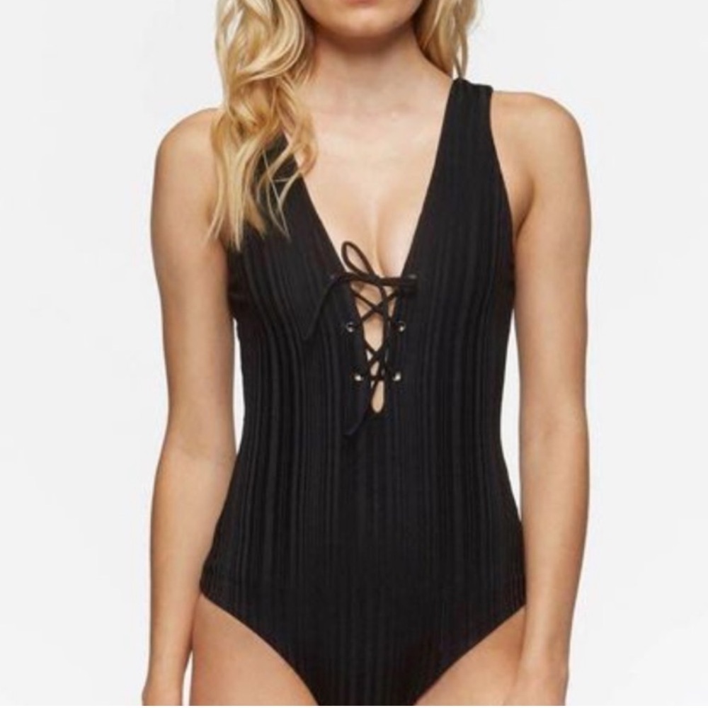Anthropologie x Tavik Women's Black Roan Ribbed Lace Up Swimsuit, size XS